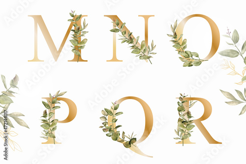Watercolor floral alphabet set of m, n, o, p, q, r with hand drawn Foliage