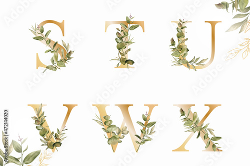 Watercolor floral alphabet set of s, t, u, v, w, x with hand drawn Foliage