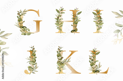 Watercolor floral alphabet set of g, h, i, j, k, l with hand drawn Foliage