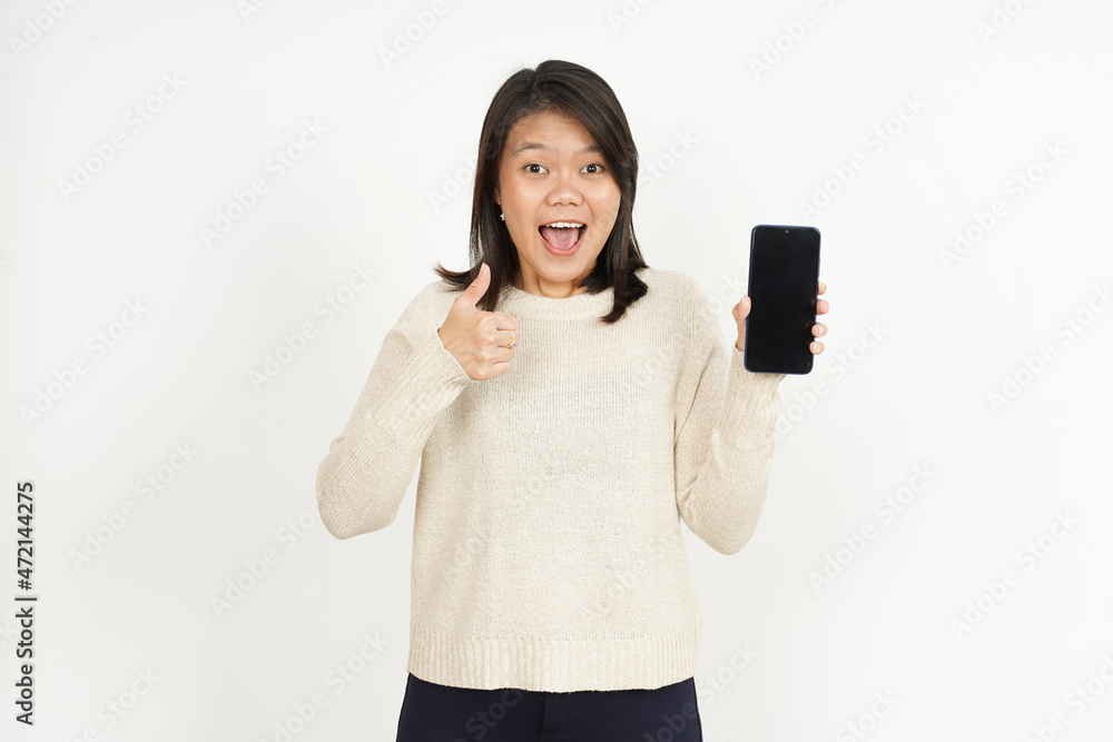 Showing on Blank Smartphone Screen of Beautiful Asian Woman Isolated On White Background Showing on Blank Smartphone Screen of Beautiful Asian Woman Isolated On White Background