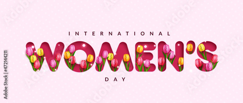 Women's day typography vector design. International womens day 3d text with tulips flower decoration element for female greeting concept decoration. Vector illustration.
