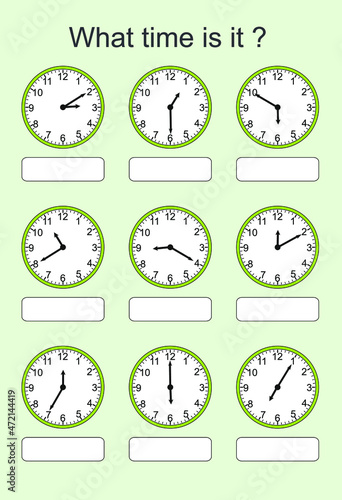 Game for kids. What time is it? Educational exercises for kids. Worksheets for practicing motor skills of children. Useful games for preschool and kindergarten.