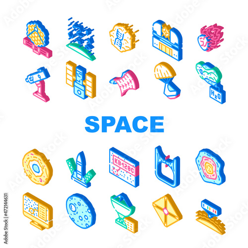 Space Researchment Equipment Icons Set Vector. Hubble Telescope Tool And Virtual Planetarium, Launch Rocket And Space Capsule, Spectral Analysis Of Stars And Planets Isometric Sign Color Illustrations
