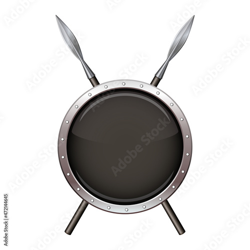 Black shield with steel frame and spear. Vector illustration
