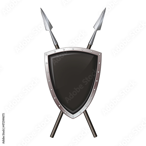 Black shield with steel frame and spear. Vector illustration