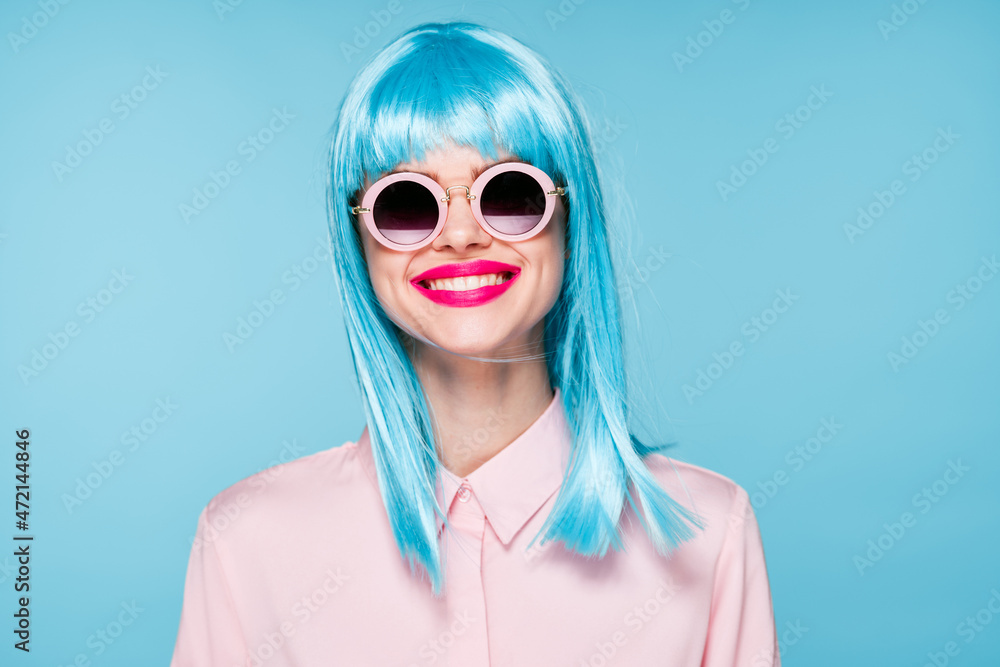 beautiful woman in blue wig sunglasses Glamor fashion beautiful woman in blue wig sunglasses Glamor fashion