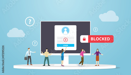 blocked account concept with people confuse why blocked and login problem with modern flat style