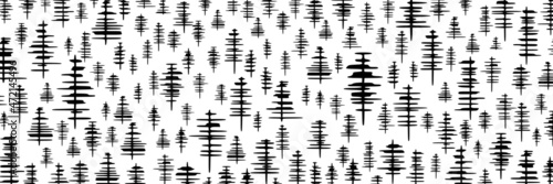 Christmas background of abstract trees, festive new year drawing, black and white