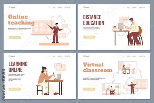 Online teaching and learning web banners bundle flat vector illustration.