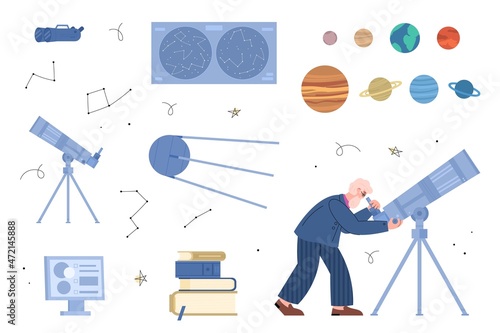 Set of astronomy and space icons with scientist, vector illustration isolated.