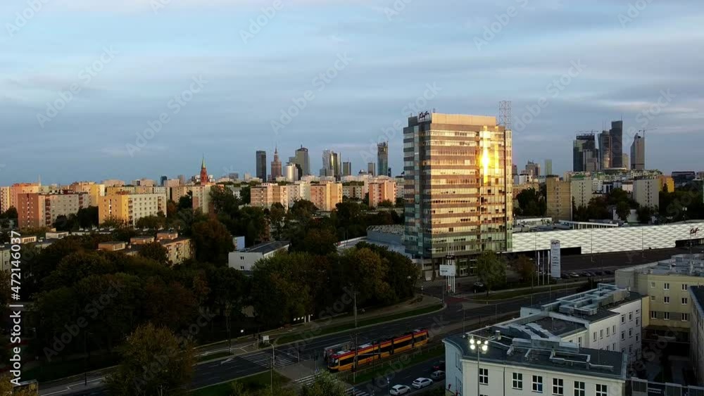 Aerial view of Warsaw during sunset. The skyscraper reflects the sun's rays. Aerial view of Warsaw during sunset. The skyscraper reflects the sun's rays.