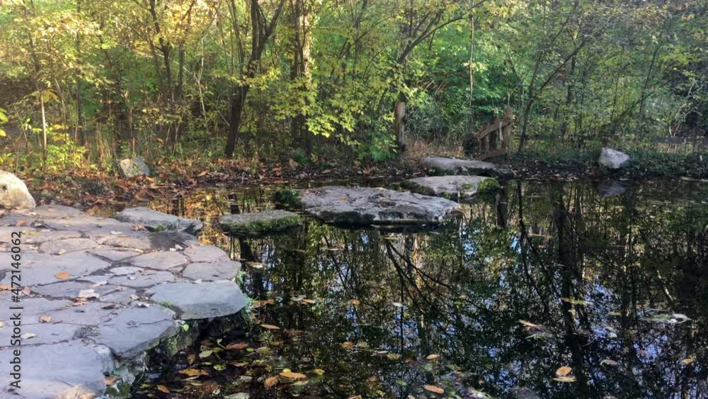 Beautiful small pond in woods reflects the blue sky and sunlight sparkles on the surface with tiny ripples. Tranquil, peaceful scene. Beautiful small pond in woods reflects the blue sky and sunlight sparkles on the surface with tiny ripples. Tranquil, peaceful scene.