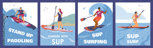 Set of vector posters with young sport people stand on paddle boards in waves.