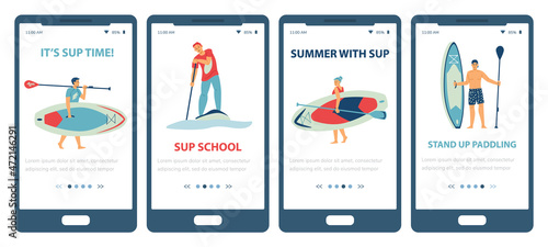 Set mobile phone screens with sport people who stand on paddle boards in water