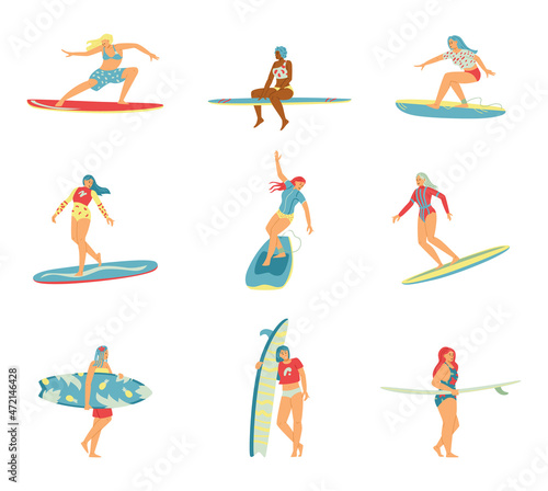 Set characters of surf girls in swimwear enjoying surfing during summer vacation