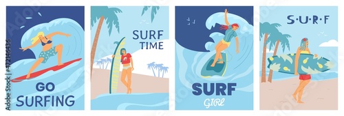 Set of posters with advertise of surfing at sea or ocean during summer activity.