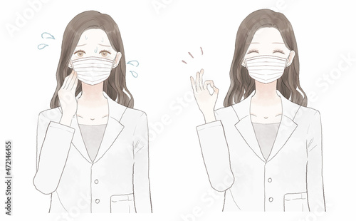 マスク着用による蒸れに悩む女性医師のビフォーアフター