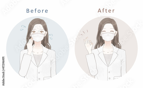 マスク着用による蒸れに悩む女性医師のビフォーアフター