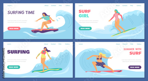 Set of web banners with surf girls who surfing on surfboard in blue waves.
