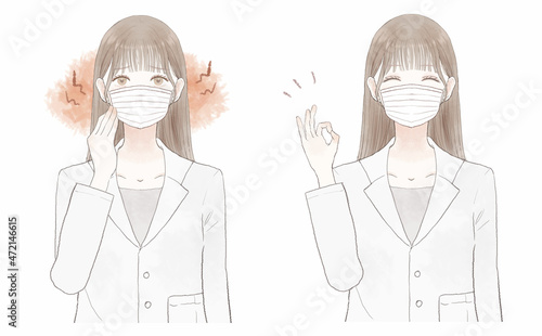 マスク着用による摩擦・炎症に悩む女性医師のビフォーアフター