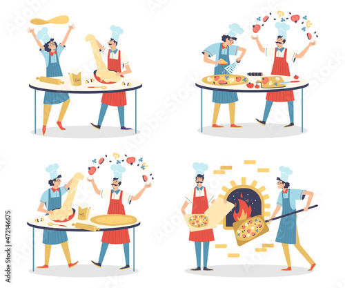 Cooking of pizza at cuisine of restaurant or pizzeria by chefs pizza makers.