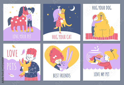 Banners or cards with kids hugging their pets  cartoon flat vector illustration.