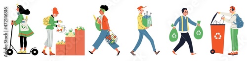 Set of people having ecological habits, flat vector illustration isolated.