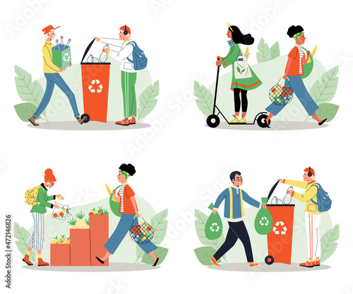 People follow eco rules to protect environment, vector illustration isolated.