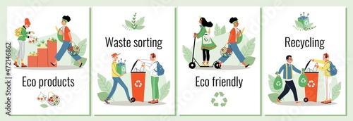 Eco-friendly lifestyle banners with responsible people, flat vector illustration.