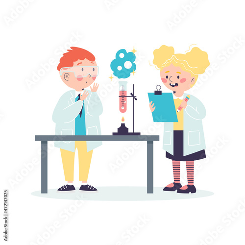 Children in science laboratory conducting chemical experiments in flat vector