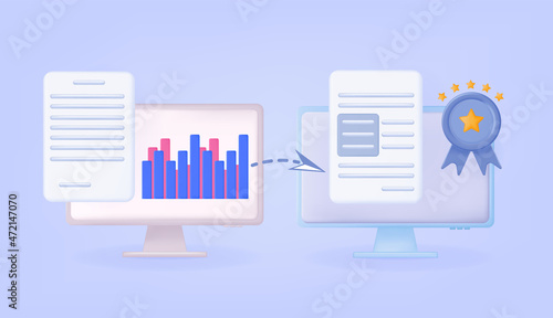 3d online data transmission. Sharing, information, remote platform. Transmitting or receiving data, analyzing graphs with a successful final result on a computer screen. Digital technologies. 