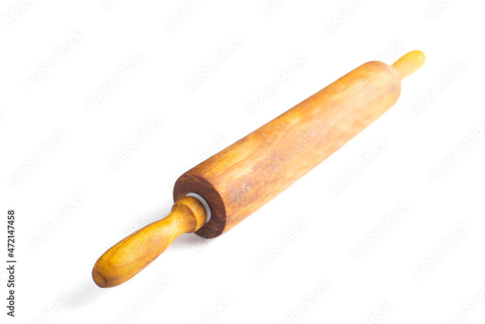 An image isolated selected focus dough kneading roller wood is a tool cooked to make bread for homemade or restaurant on a white background.