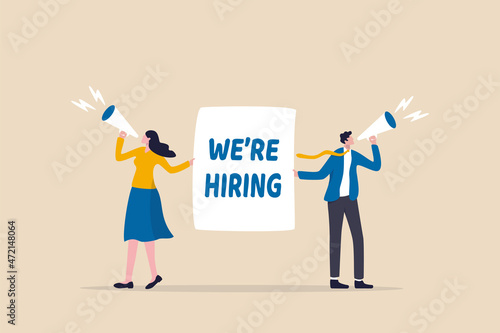HR recruiting announcement we are hiring advertisement, human resources or employer looking for candidate for job vacancy concept, business people HR with megaphone holding we are hiring sign.
