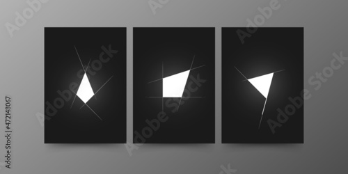 Abstract geometric wall decoration. White glowing rhombus, polygon, and triangle with scratchy strokes. Design for wall art decoration with backlighting, poster, modular picture. Vector