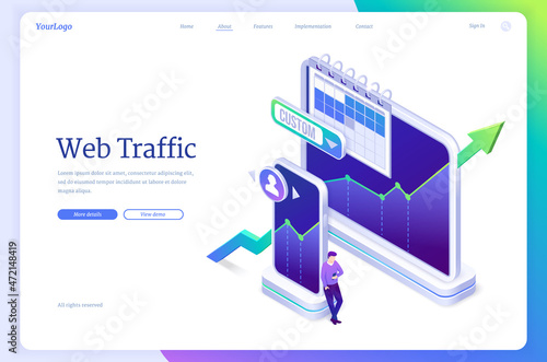 Web traffic isometric landing page. Tiny man with smartphone at huge digital devices with increasing arrow graphs performing sent and received data amount of visitors to website. 3d vector web banner
