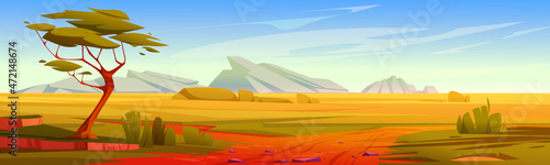Savannah with acacia tree, green grass, bushes, road and mountains on horizon. Concept of travel, safari trip. Vector cartoon illustration of african savanna landscape
