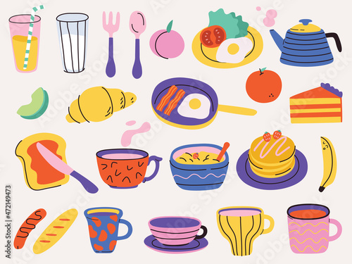 Big collection of various tasty food and drinks. Vector colorful funny cartoon style illustration.