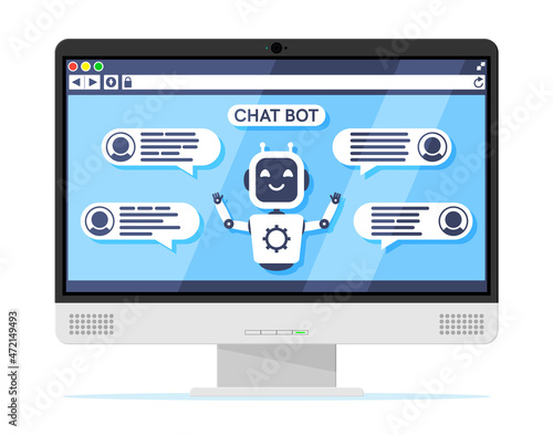 Computer with Chat Bot Speak in Bubble on Screen. Robot with Speech Window. Chatbot Greets. Online Support Bot. Artificial Intelligence, AI Helper Service, Support Assistant. Flat Vector Illustration
