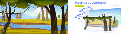 Summer landscape with river and green trees in forest, meadow and mountains on horizon. Vector parallax background for 2d animation with cartoon illustration of nature scene with brook in woods