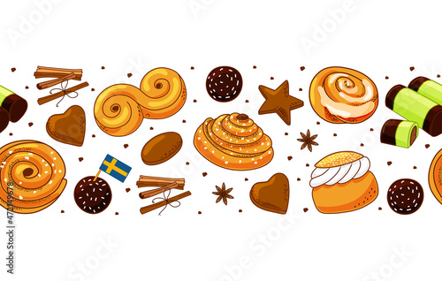 Traditional Swedish sweets seamless border. Kanelbulle bun, cinnamon roll, Pepparkakor, Semla, lussekatt, dammsugare, and chokladboll. Vector cartoon illustration