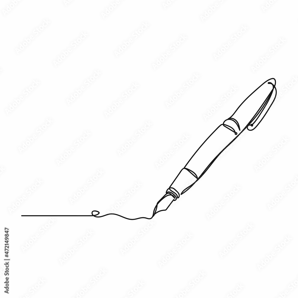 Fototapeta premium Vector abstract continuous one single simple line drawing icon of fountain writing pen in silhouette sketch.