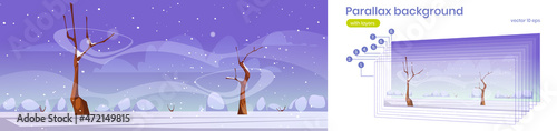 Winter landscape with bare trees, bushes, white snow and wind. Vector parallax background for 2d animation with cartoon illustration with snowy field and blizzard in frosty weather