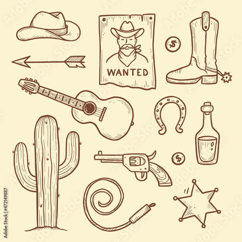 Cowboy western doodle set. Hand drawn sketch line style. Cowboy hat, cow skull, gun, cactus element. Wild west vector illustration.