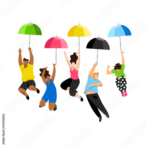 people with umbrellas. vector illustration of happy people. a set of color pictures