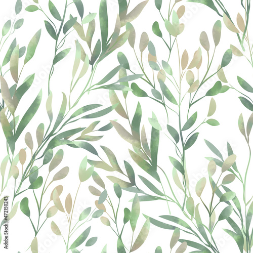 Spring foliage. Seamless pattern in a watercolor style. Background for fabric, wallpaper, postcards.