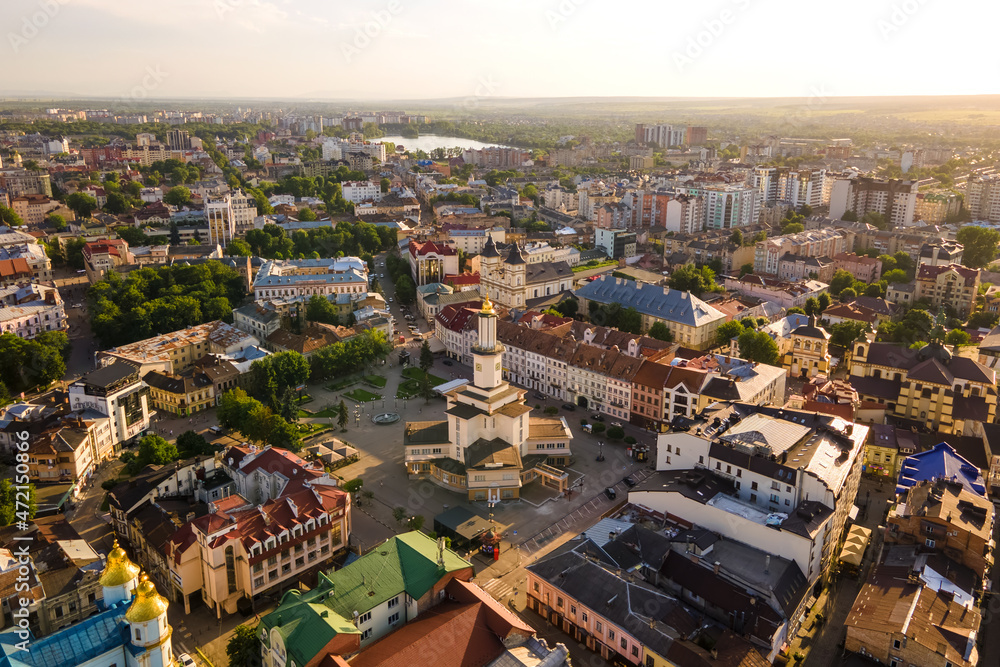 Aerial view of historic center of Ivano-Frankivsk city with old european architecture