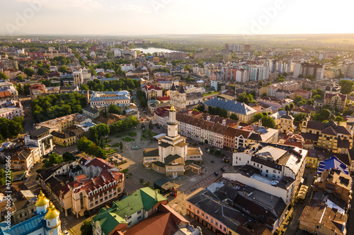 Aerial view of historic center of Ivano-Frankivsk city with old european architecture