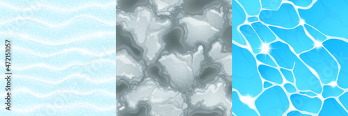 Textures of water, snow and slush for game background. Vector cartoon seamless patterns of top view of sea, ocean or lake surface, melt snow and dirty liquid ice