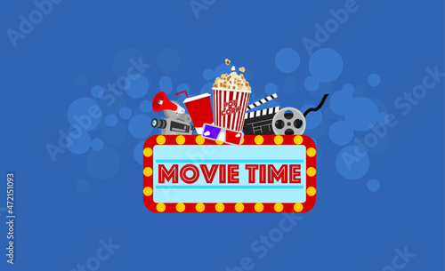 Movie time. Vector illustration. Background concept of entertainment cinema object on blue background and framed signage with light bulbs