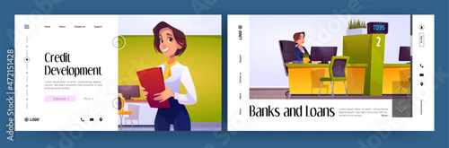 Bank loans banners with credit department worker on reception. Vector landing pages of credit development service with cartoon illustration of bank office with girl employee